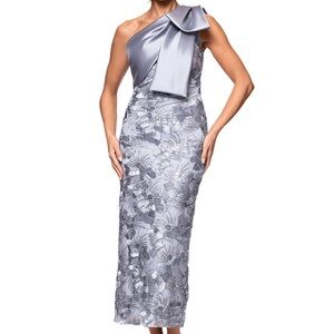 NWT Betsy & Adam Elegant Silver One-Shoulder Dress with Crystals